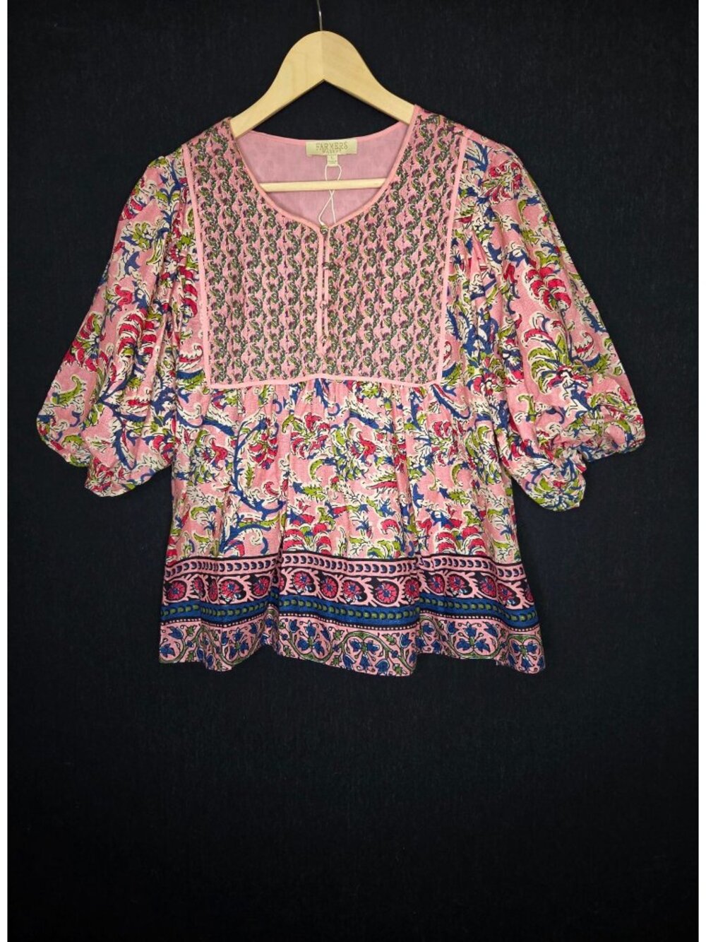 NWT Farmers Market Pink Floral Cotton Boho Babydoll Blouse Size L/XL Puff Sleeve